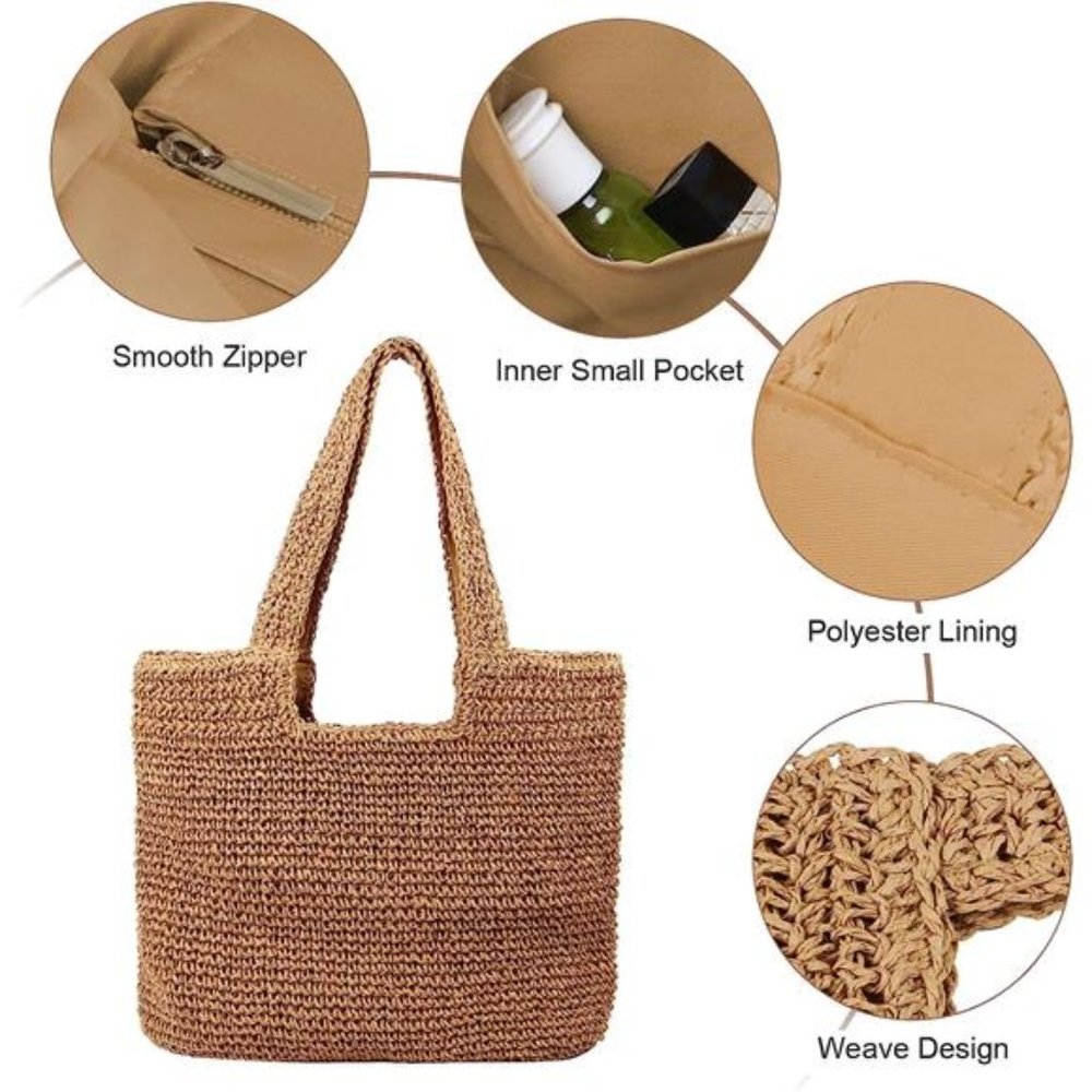 Straw Beach Bag for Women Summer Woven Tote Bag Shoulder Handbags Cute - Picture 4 of 6